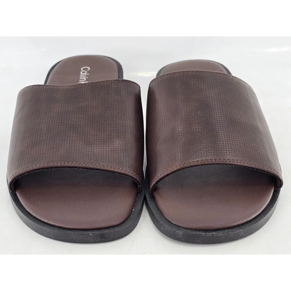 Calvin Klein Slide Sandals Mens Size 9 Brown Perforated Faux Leather -Excellent